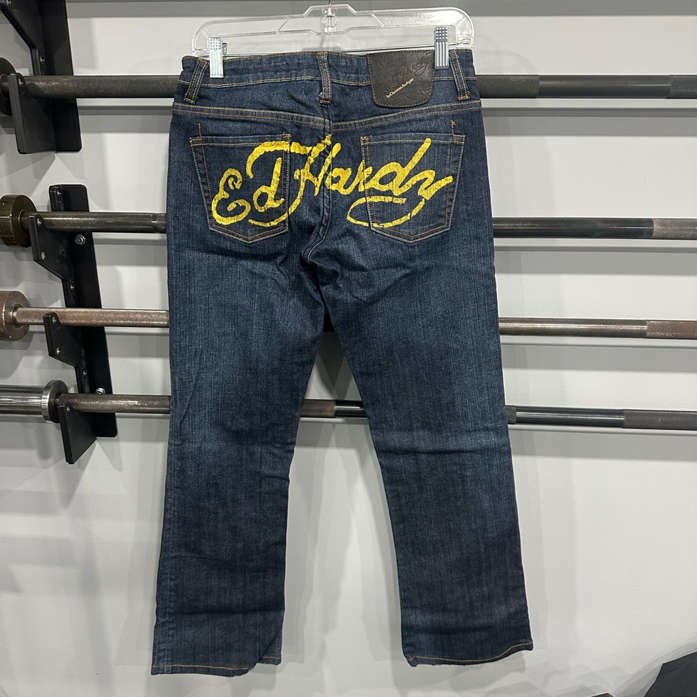 Christian Audigier Ed Hardy Women’s Dark Blue Jeans with Yellow Accents